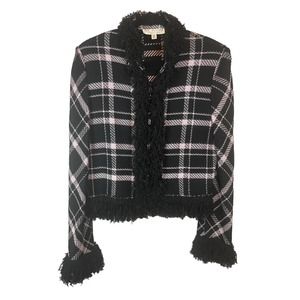 St John Baby Pink Black Plaid Blazer Zip Up Jacket with Fringe Size 14